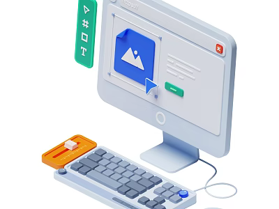 Modern Computer Monitor Setup with Keyboard Mouse Image Editing Interface and Tool Icons 3d model