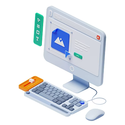 Modern Computer Monitor Setup with Keyboard Mouse Image Editing Interface and Tool Icons 3d model
