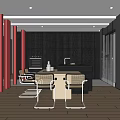 Modern Open Restaurant Interior With Wooden Dining Table And Red Decorative Elements 3d model