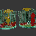 Girl And Boy Doll Figures With Chick Near Wooden Fences And Plants