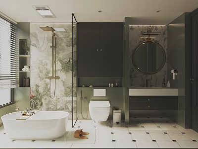 Modern Bathroom Interior Design With Freestanding Bathtub Toilet Vanity Dark Cabinets And Green Plant Wall 3d model