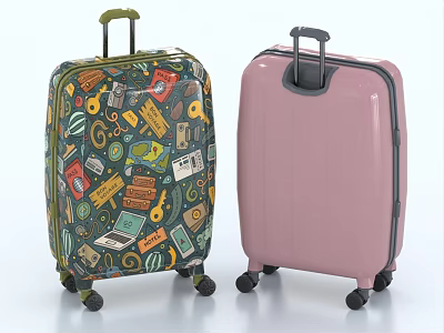 Two Stylish Hardshell Luggage One With Travel Stickers Pattern And One Pink Solid Color Design 3d model