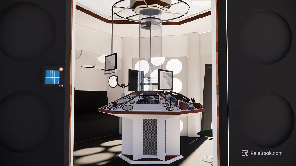 Security Control Room Interior Featuring Circular Console Multiple Monitors White Walls And Ceiling Fixtures 3d model