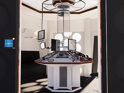 Security Control Room Interior Featuring Circular Console Multiple Monitors White Walls And Ceiling Fixtures 3d model