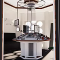 Security Control Room Interior Featuring Circular Console Multiple Monitors White Walls And Ceiling Fixtures 3d model