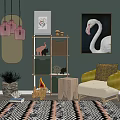 Stylish Green Beige Armchair with Flamingo Art Pink Pendant Lights and Geometric Rug