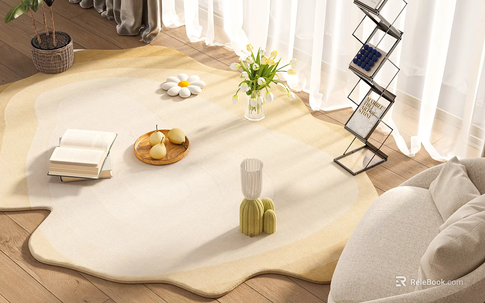 Unique Shape Rug In Cozy Living Room With Decorations 3d model 