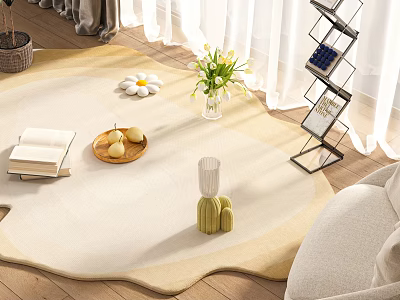 Unique Shape Rug In Cozy Living Room With Decorations 3d model