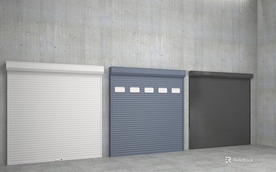 Three Colored Roller Doors White Blue Dark Gray Against Concrete Wall 3d model 