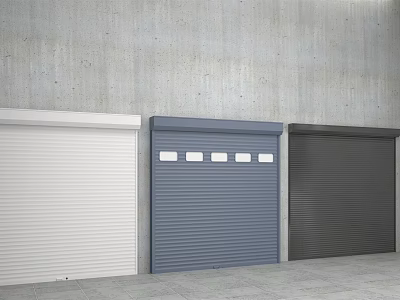 Three Colored Roller Doors White Blue Dark Gray Against Concrete Wall 3d model