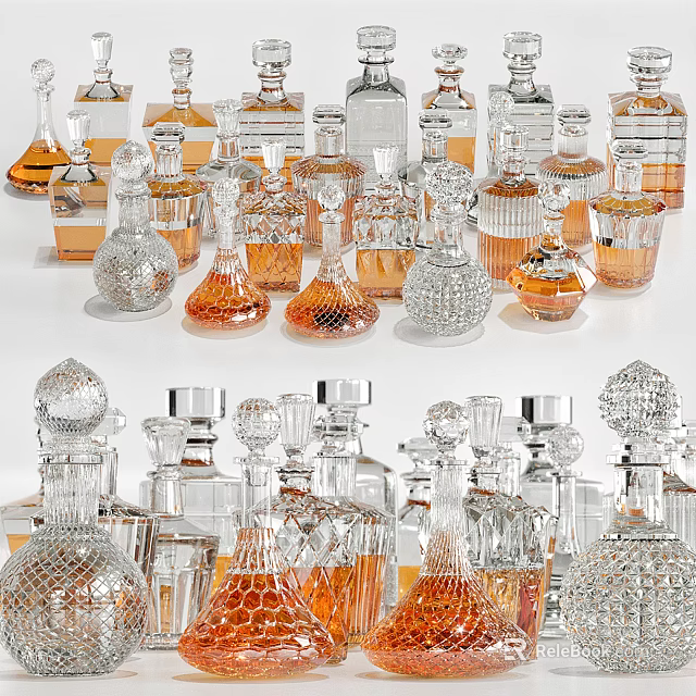 Elegant Various Shaped Glass Wine Bottles And Decorative Glasses Collection 3d model 