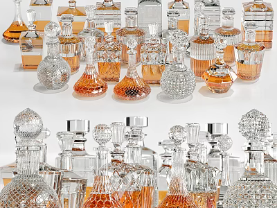 Elegant Various Shaped Glass Wine Bottles And Decorative Glasses Collection 3d model