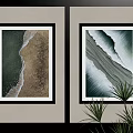Abstract Paintings with Ocean Waves and Beach Scenery on Wall and Green Plants