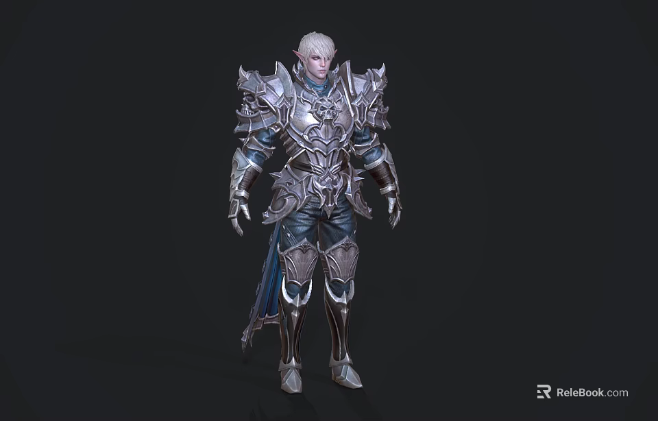 Silver Haired Fantasy Game Character In Ornate Metallic Armor With Blue Cape 3d model 