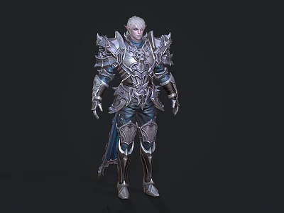 Silver Haired Fantasy Game Character In Ornate Metallic Armor With Blue Cape 3d model