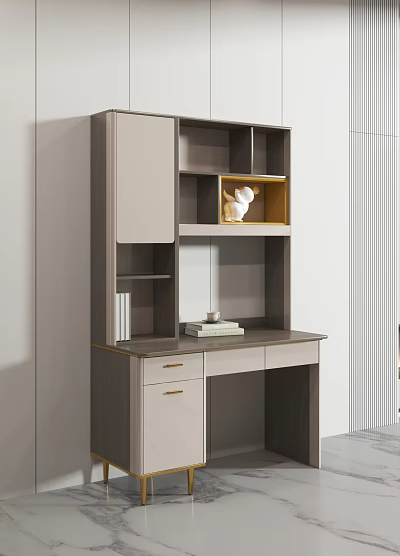 Modern Home Office Desk With Bookshelf Storage And White Decorative Figurine 3d model