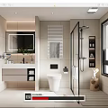 Modern Bathroom With White Tiles Shower Enclosure Toilet Vanity Mirror And Window Blinds Design
