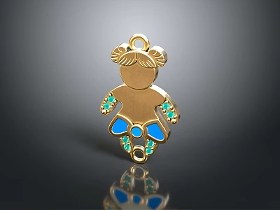 Gold Girl Shaped Pendant With Blue Green Gemstones And Pigtail Design For Fashion Accessories 3d model