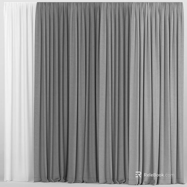 Gray and White Vertical Pleated Curtains With Soft Fabric For Home Interior 3d model 