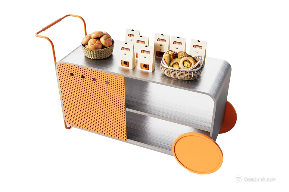 Commercial Food Service Cart With Orange And Silver Mesh Design Wheels Bread And Pastries 3d model 