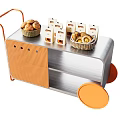 Commercial Food Service Cart With Orange And Silver Mesh Design Wheels Bread And Pastries