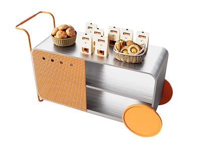 Commercial Food Service Cart With Orange And Silver Mesh Design Wheels Bread And Pastries 3d model