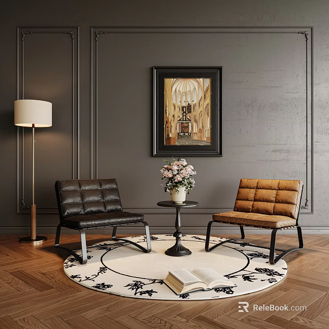 Black Brown Leather Lounge Chairs with Floor Lamp Decorative Painting Round Table and Patterned Rug 3d model 