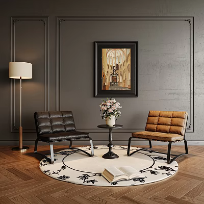 Black Brown Leather Lounge Chairs with Floor Lamp Decorative Painting Round Table and Patterned Rug 3d model