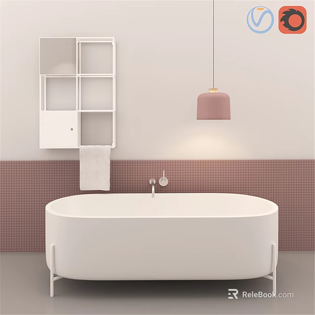 Modern White Freestanding Bathtub With Brown Tiled Wall And Pink Pendant Light 3d model 