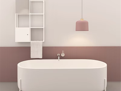 Modern White Freestanding Bathtub With Brown Tiled Wall And Pink Pendant Light 3d model