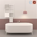 Modern White Freestanding Bathtub With Brown Tiled Wall And Pink Pendant Light