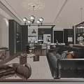 Elegant Modern Living and Dining Room Interior With Chandeliers Sofa Coffee Table And Large Windows