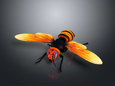Wasp With Orange And Black Striped Body Red Head And Yellow Wings On Gray Background 3d model