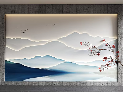 Chinese Landscape Sofa Background Wall With Backlit Mountains Flying Birds And Red Branches 3d model