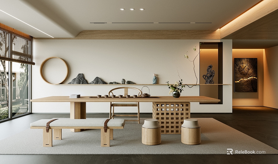 Minimalist Tea Room Interior With Wooden Long Table Bench Mountain Pattern And Decorative Elements 3d model 