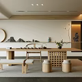 Minimalist Tea Room Interior With Wooden Long Table Bench Mountain Pattern And Decorative Elements