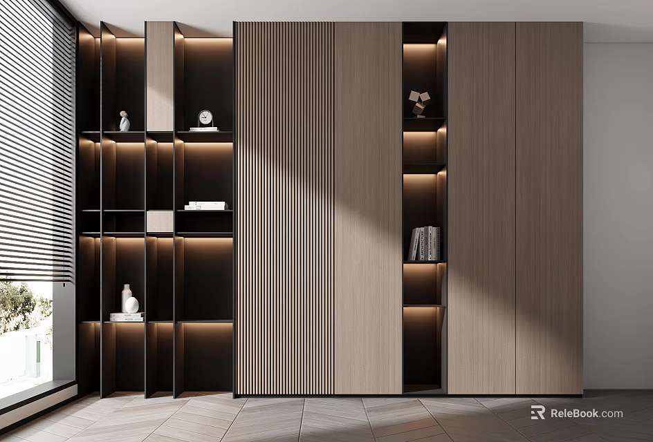 Modern Decorative Cabinet With Vertical Striped Panels Open Shelves And LED Lighting 3d model 