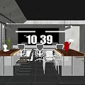 Modern Open Public Office Space With Long Tables Chairs Artistic Ceiling Clock And Plants