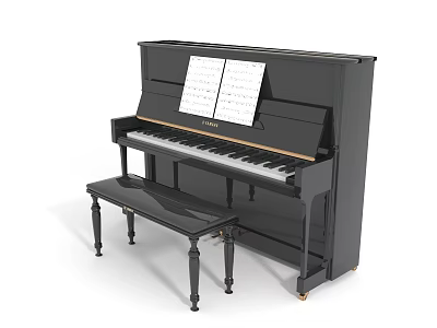 Black Upright Piano With Matching Bench And Sheet Music On Top 3d model