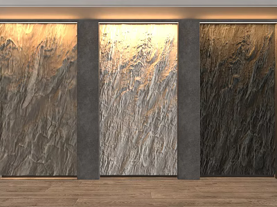 Textured Background Wall with Illuminated Panels in Modern Interior and Gray Columns on Wooden Floor 3d model