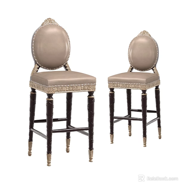 Elegant Vintage Bar Stools With Oval Backrest Light Upholstered Seat And Dark Wooden Legs 3d model 