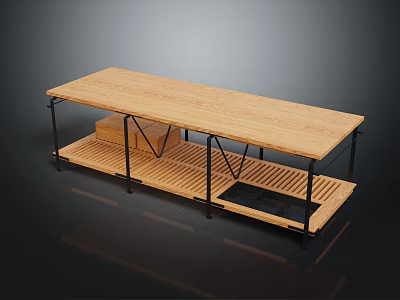 Modern Wooden Workbench With Metal Frame And Tiered Storage Shelf Design 3d model