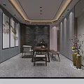 Modern Chinese Interior Dining Room With Wooden Table Chairs Decorative Paintings Vases And Green Plants