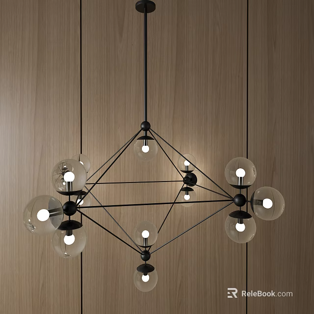 Modern Geometric Chandelier With Transparent Glass Globes And Black Metal Frame 3d model 