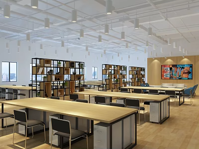 Spacious Public Office Space With Long Wooden Tables Ergonomic Chairs Open Bookshelves And Pendant Lights 3d model