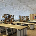 Spacious Public Office Space With Long Wooden Tables Ergonomic Chairs Open Bookshelves And Pendant Lights