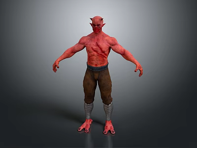 Muscular Shirtless Man with Red Skin Horns Brown Pants and Silver Leg Guards 3d model