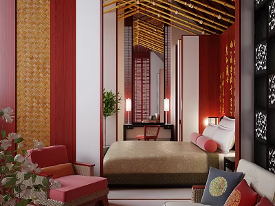 Chinese Style Hotel Guest Room Interior With Red Gold Decor Wooden Structure And Bed 3d model