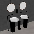 Elegant Modern Bathroom Interior With Double Sinks Round Mirrors Gold Faucets And Wooden Bases