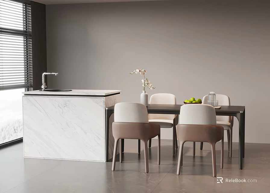 Modern Dining Table Set With Four Chairs And Marble Island In Kitchen 3d model